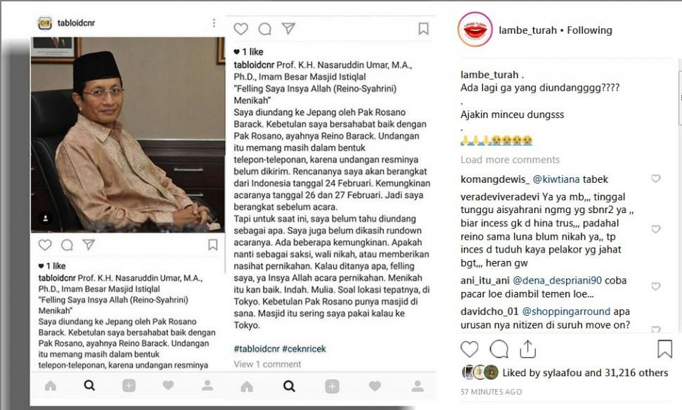 Prof. K.H. Nasaruddin Umar mengungkap soal rencana pernikahan Reino Barack-Syarhini. (Instagram Lambe Turah)