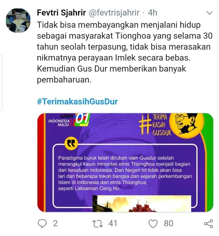 Gus Dur dikenang saat perayaan Imlek 2019 dengan ##TerimaKasihGusDur