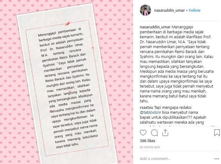 Nasaruddin Umar klarifikasi soal isu pernikahan Reino Barack dan Syahrini. [instagram/nasaruddin_umar]