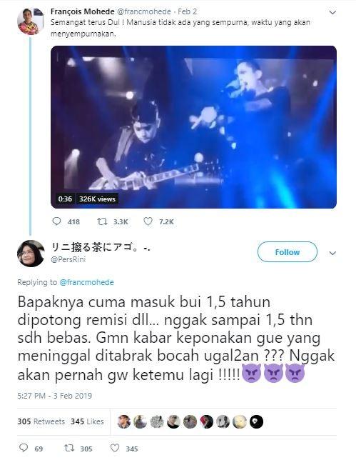 Keluarga korban tewas kecelakaan yang melibatkan Dul Jaelani naik pitam. [twitter/PersRini]