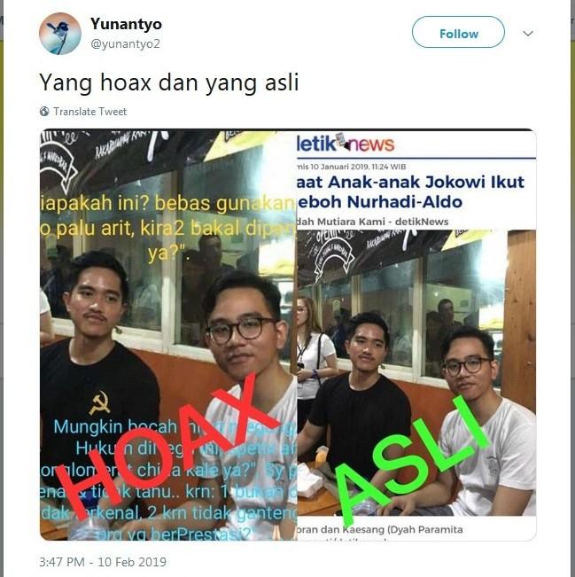 Salah satu unggahan yang menunjukkan bahwa foto Kaesang Pangarep berbaju kaos logo palu arit adalah hoaks. [Akun Twitter @yunantyo2/capture]