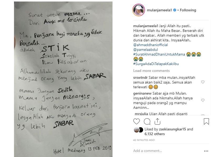 Ahmad Dhani menulis surat untuk ibunda. [instagram/mulanjameela1]