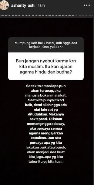 Penjelasan Ashanty terhadap pernyaaannya kepada Jerinx SID soal karma. [instagram/ashanty_ash]