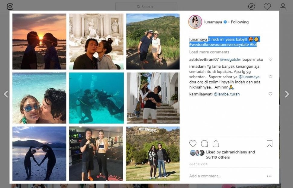 Unggahan kenangan Reino Barack di Instagram Luna Maya. [Instagram]