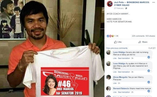 Foto hoaks Manny Pacquiao yang diedit terkait kampanye dukungan terhadap Imee Marcos, putri mendiang diktator Filipina Ferdinand Marcos. [Facebook]