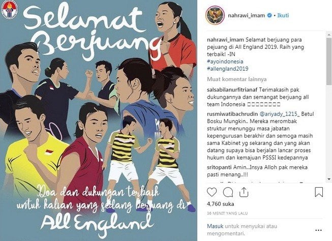 Postingan Menpora Imam Nahrawi terkait dukungan terhadap tim Indonesia yang akan berlaga di ajang All England 2019. [Instagram@nahrawi_imam]