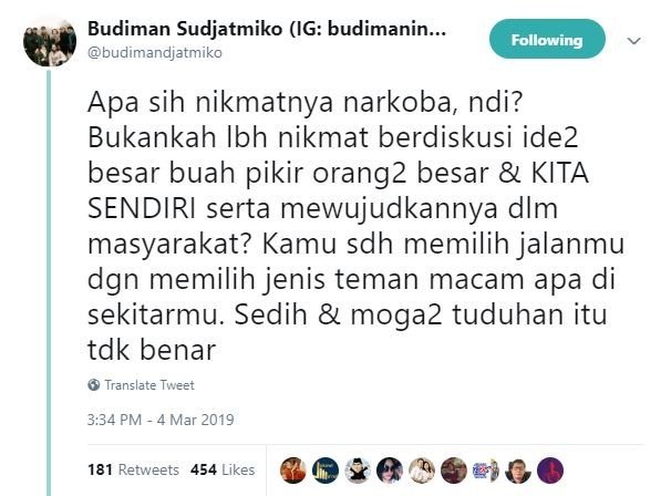 Tweet Budiman Sudjatmiko. [Twitter]