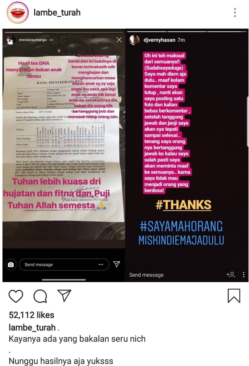 Ibunda publikasikan hasil tes DNA Denny Sumargo. [instagram/lambe_turah]