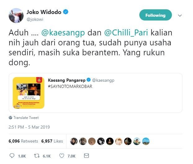 Tweet Jokowi untuk Kaesang. [Twitter]