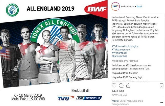 Stasiun televisi pemerintah, TVRI, akan menyiarkan langsung perhelatan bulutangkis All England 2019. [Instagram@tvrinasional]