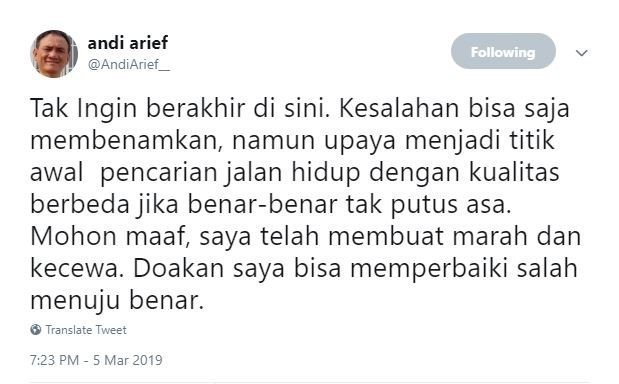 Kicauan Andi Arief usai terjerat sabu. [Twitter]