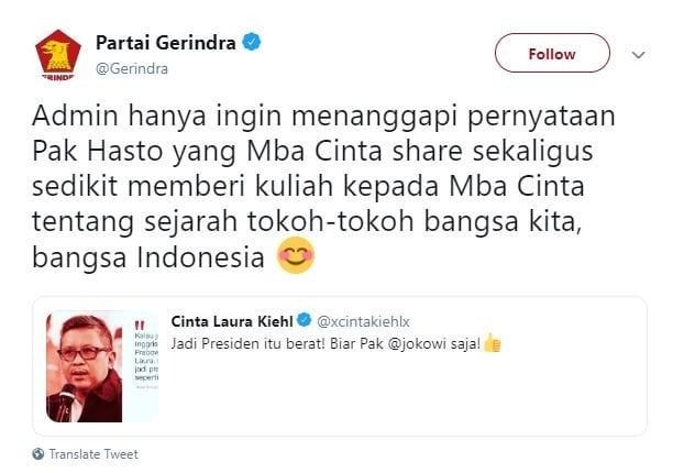 Kicauan akun Partai Gerindra. [Twitter]