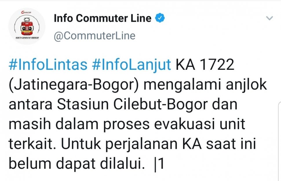 Commuter Line KA 1722 anjlok. (Dok. Twitter/@CommuterLine)