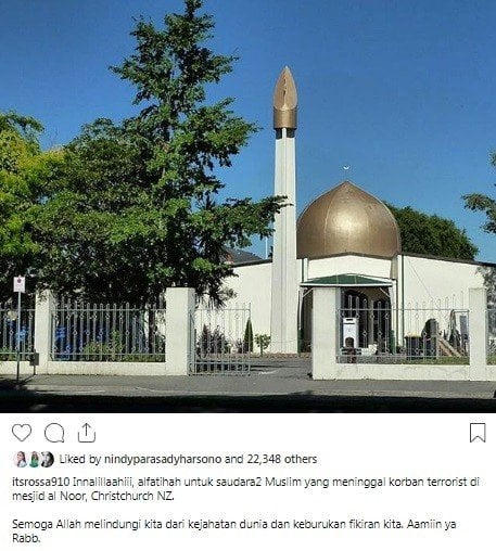 Ungkapan duka Rossa bagi korban penembakan masjid di Selandia Baru. [Instagram]