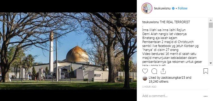 Teuku Wisnu unggah foto Masjid An Nur di Zew Zealand. [Instagram]