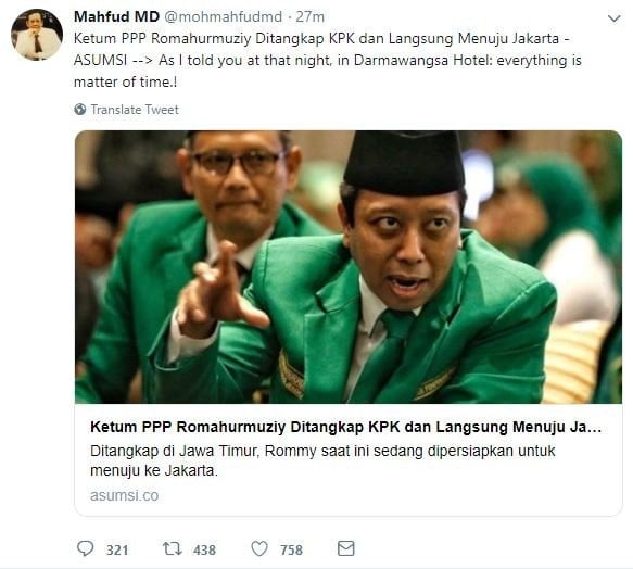 Kicauan Mahfud MD terkait Romahurmuziy. [Twitter]