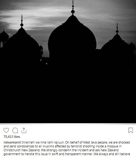 Ungkapan duka Ridwan Kamil bagi korban penembakan masjid di Selandia Baru. [Instagram]