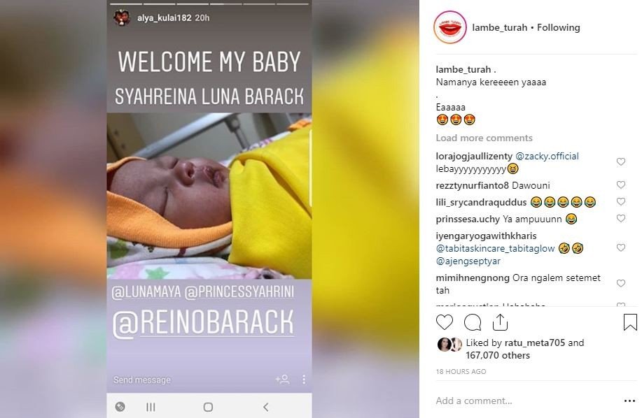 Nama bayi ini terinspirasi Luna Maya, Reino Barack, dan Syahrini. [instagram/lambe_turah]