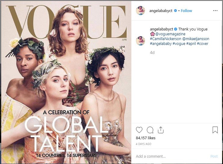 Angela Baby dalam cover majalah Vogue. (Instagram/@angelababyct)