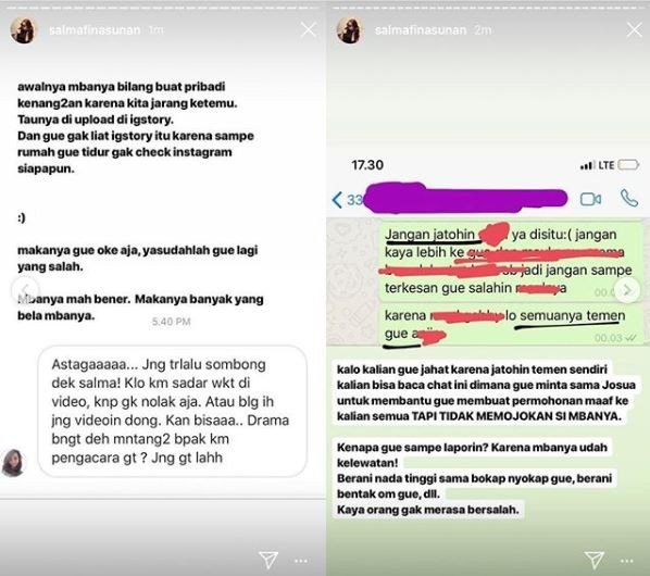 Salmafina Sunan merasa dijebak si perekam video dugem yang viral di Instagram. [instagram/salmafinasunan]