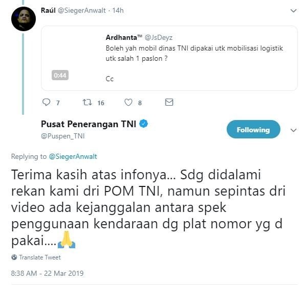 Puspen TNI jawab soal mobil dinas yang dipakai relawan Prabowo. [Twitter]