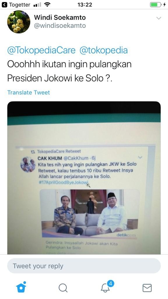 Jejak digital akun TokopediaCare diduga retweet pulangkan Jokowi ke Solo. [Twitter]