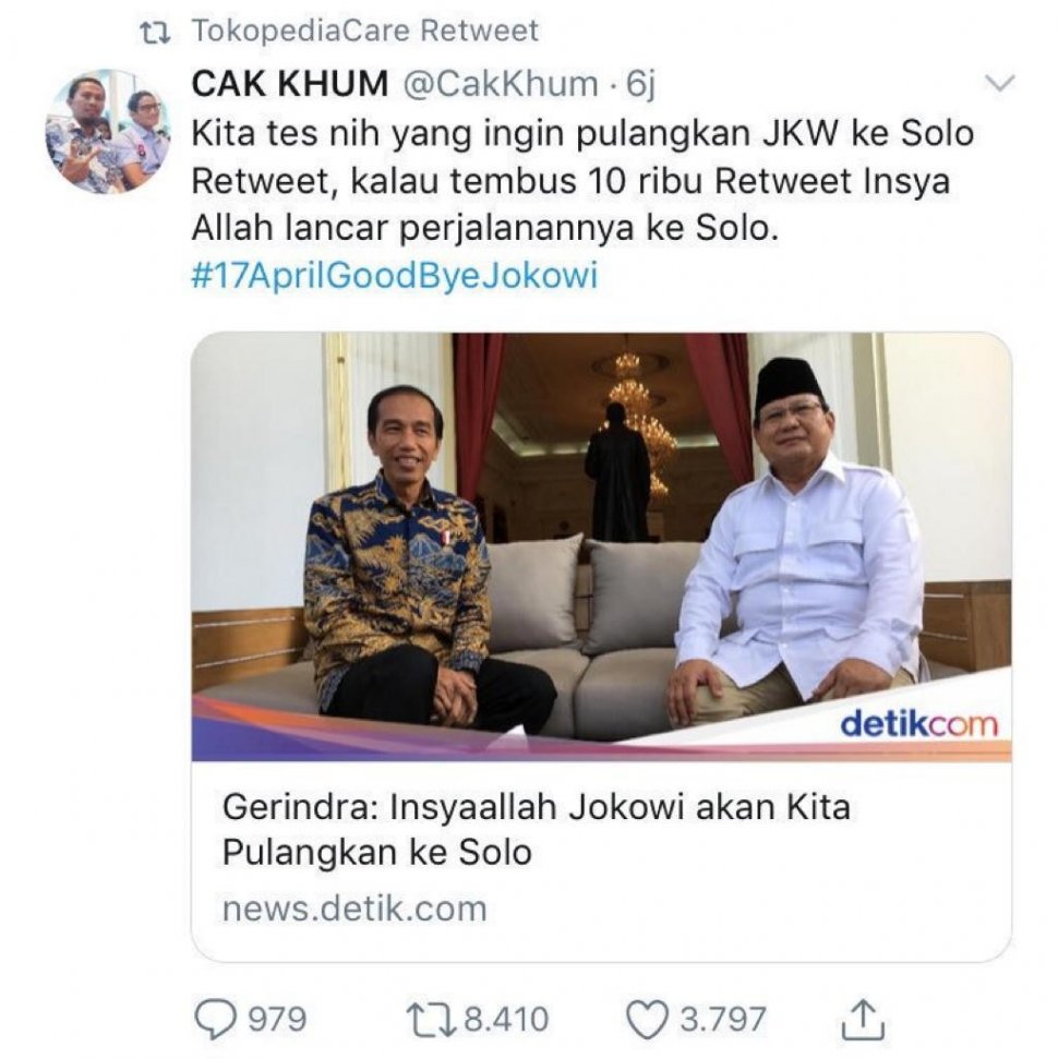 Jejak digital akun TokopediaCare diduga retweet pulangkan Jokowi ke Solo. [Twitter]