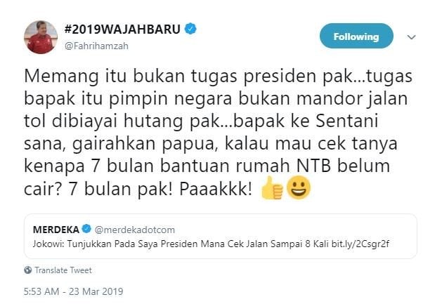 Kicauan Fahri Hamzah. [Twitter/@Fahrihamzah]