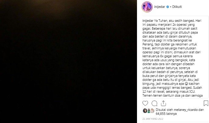 Curhat Jessica Iskandar soal kondisi ayahnya yang sedang sakit. [Instagram]