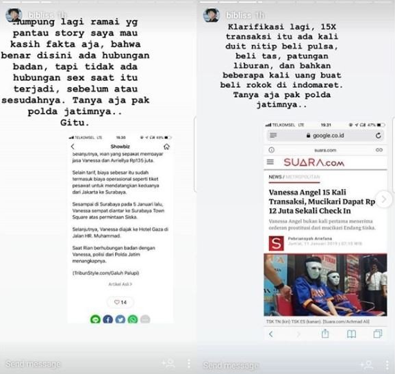 Klarifikasi mantan kekasih soal kabar yang menyebut Vanessa Angel ditangkap saat sedang berhubungan badan. [instagram/biblis]