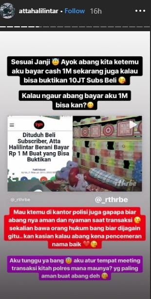 Atta Halilintar menjawab pernyataan warganet yang menyebutnya membeli subscriber YouTube channel. [instagam/attahalilintar]