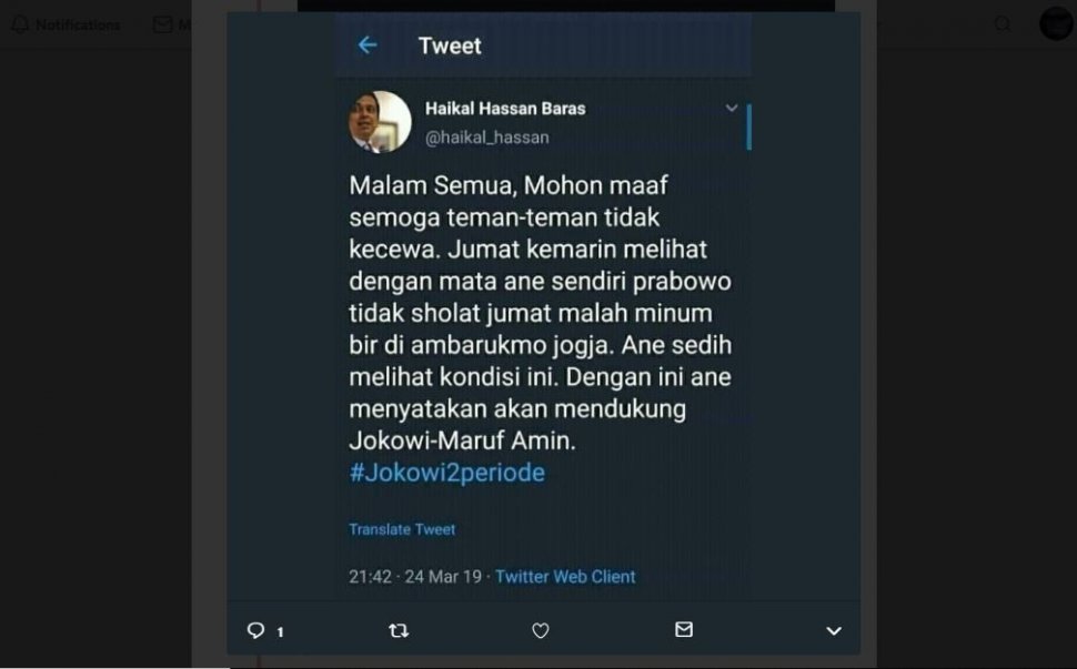 Kicauan di akun Haikal Hassan. [Twitter]