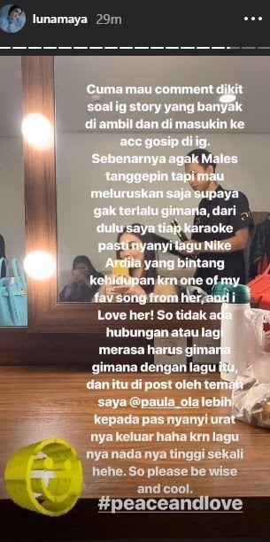 Luna Maya angkat bicara soal video viral yang menunjukkan penghayatan dirinya terhadap lagu Nike Ardilla. [instagram/lunamaya]