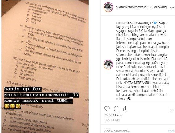 Postingan Nikita Mirzani namanya masuk dalam soa ujian sekolah internasional. 