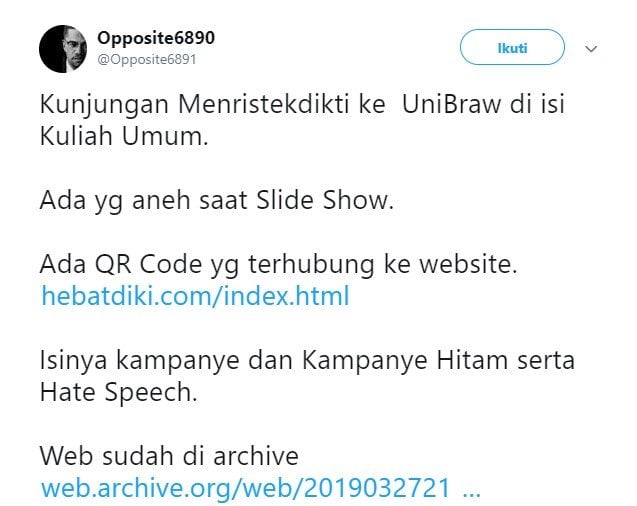 Menristekdikti M Nasir diduga sebar kampanye hitam (Twitter)