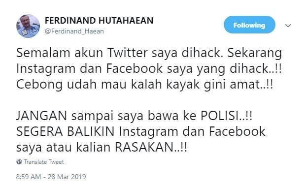 Cuitan Ferdinand Hutahaean. [Twitter]