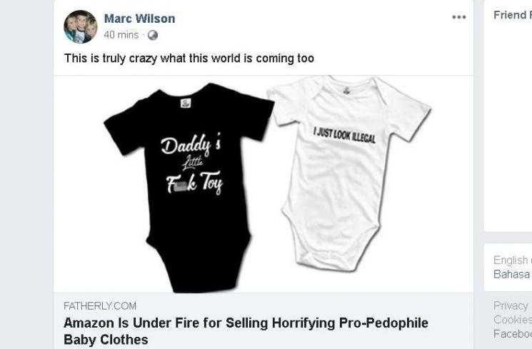 Baju bernada pedofil yang terpajang di situs Amazon (Facebook/Marc Wilson)