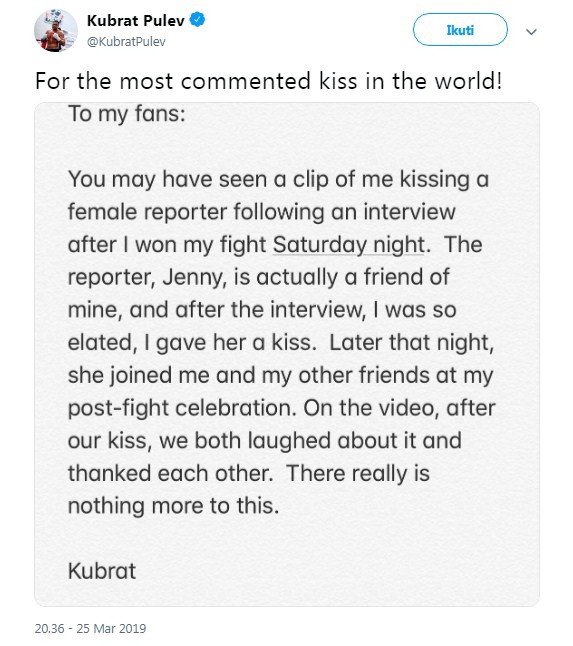 Klarifikasi Kubrat Pulev terkait insiden ciuman paksa terhadap seorang jurnalis perempuan. [Twitter@KubratPulev]