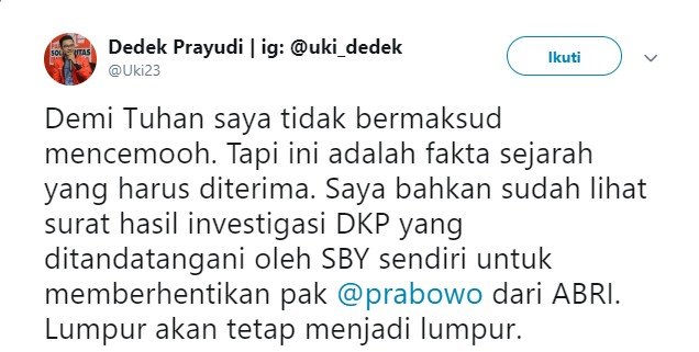 cuitan Dedek Prayudi soal pemecatan Prabowo dari militer (Twitter)