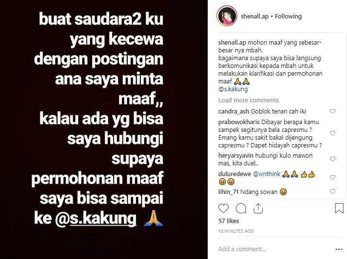 Akun Shenall.ap minta maaf ke Gus Mus. [Instagram]