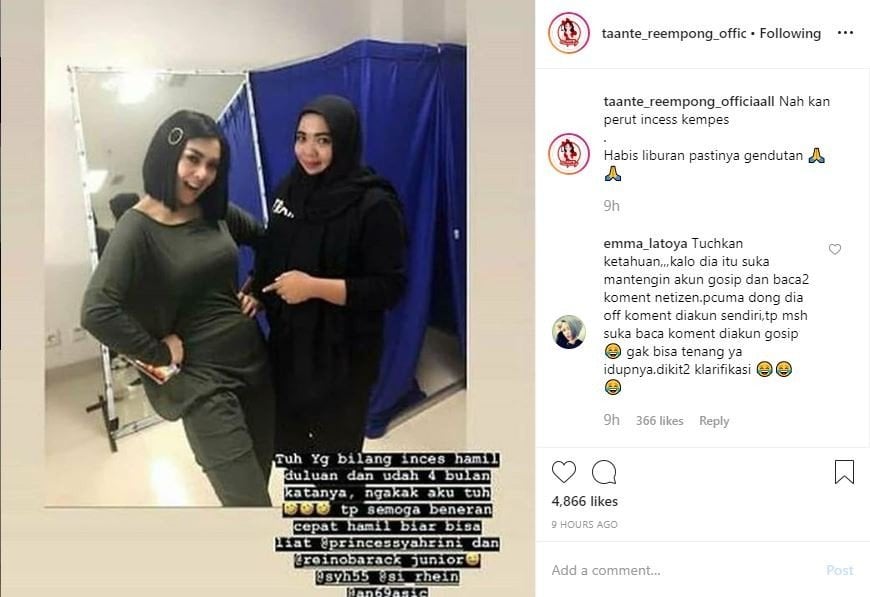 Syahrini klarifikasi isu hamil duluan. [instagram/taante_reempong_officiaal]