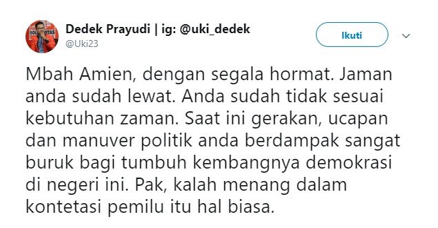 cuitan Dedek Prayudi soal people power Amien Rais (twitter)