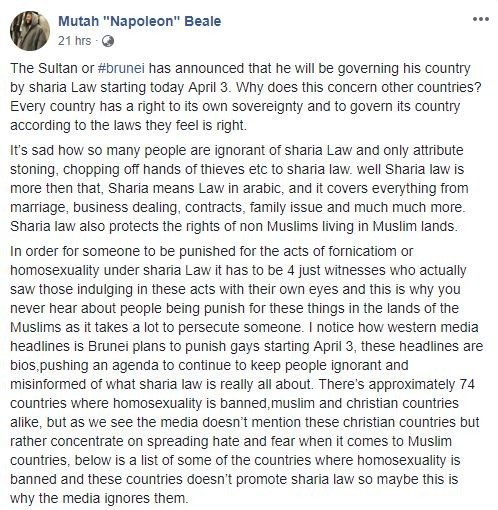 Status Napoleon soal hukum rajam di Brunei. [Facebook]