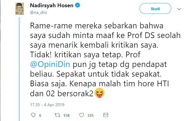 cuitan Nadirsyah Hosen soal perdebatan khilafah dengan Din Syamsuddin (Twitter)