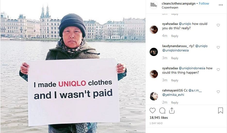 Desainer baju Uniqlo mengaku belum dibayar [ig @cleanclothescampaign]