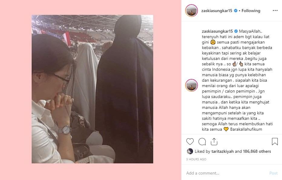 Zaskia Sungkar terenyuh lihat potret toleransi beragama di kampanye akbar Prabowo - Sandiaga. [instagram/zaskiasungkar15]