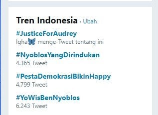 #JusticeForAudrey rajai trending topic Indonesia (Twitter)