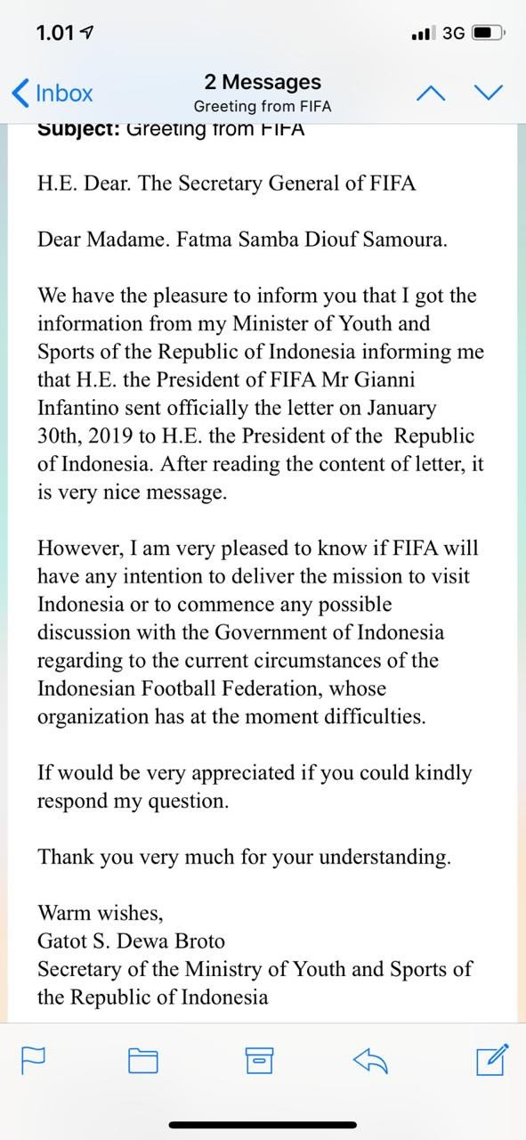 Surat Gatot S Dewa Broto yang ditujukan kepada sekjen FIFA. (dok. Gatot S Dewa Broto)