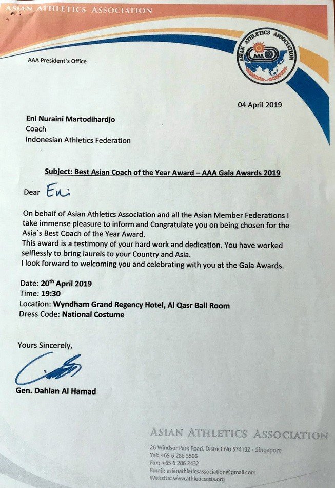 Surat undangan dari AAA ditujukan kepada Pelatih Pelatnas Atletik Indonesia, Eni Nuraini, untuk menghadapi gala awards AAA di Doha, Qatar, 20 April mendatang. [Dok. PB PASI]