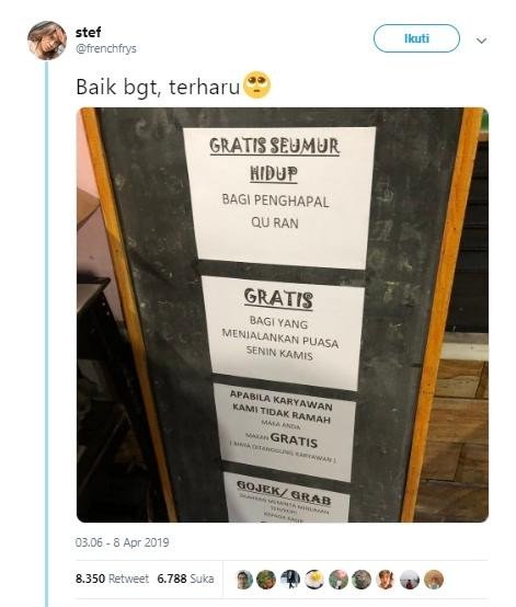 Rumah makan ini gratis seumur hidup bagi penghafal Alquran. (Twitter/@frenchfrys)